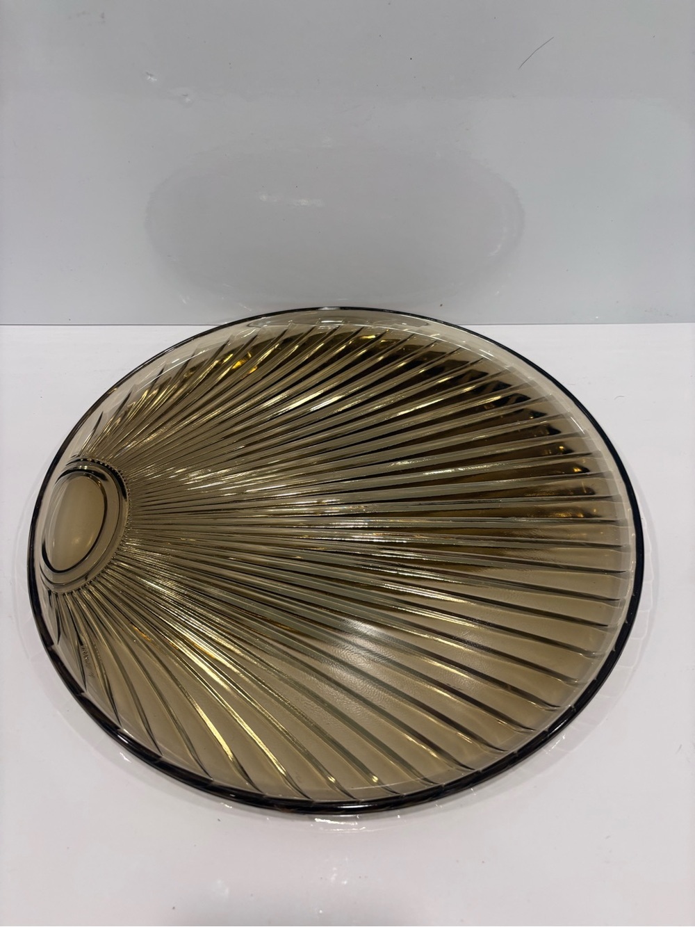 Vintage France Smoke Glass Ribbed Circle Tray 12”